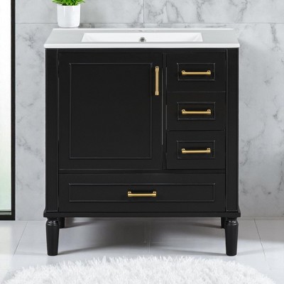 30" White Bathroom Vanity with Sink – Freestanding Vanity Cabinet with 3 Drawers,Floating Cabinet(Faucet Not Included)