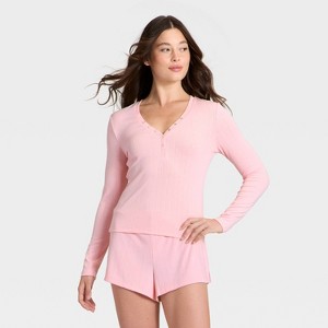 Women's Ribbed Long Sleeve Shirt and Shorts Pajama Set - Auden™ - 1 of 3