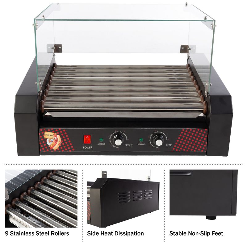 Great Northern Popcorn Hot Dog Roller Machine with Cover & Drip Tray – 1170W Stainless-Steel Cooker with 9 Rollers – 24 Hotdog Capacity Electric Grill, 3 of 13