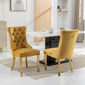 Gulches Set of 2 Gold Modern Dining Chairs - Tufted Velvet Upholstered, Solid Wood Frame, Golden Stainless Steel Legs & Nailhead Trim, 300lbs Capacity - 1 of 4