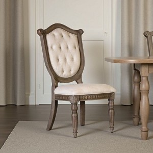 Royal Hampton Side Dining Chair Set of 2, Weathered Oak Wood, Tufted Beige Fabric - 1 of 4