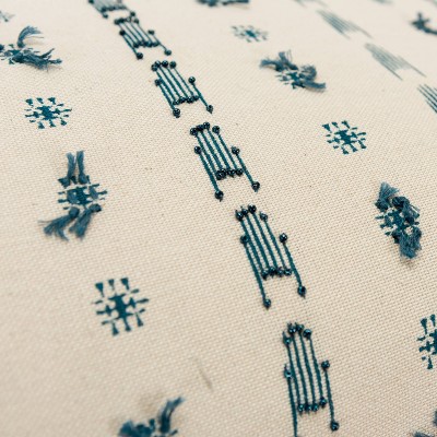 Beige and Blue Embroidered Lumbar Pillow with Tassels