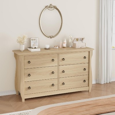 Cabihome 6-Drawer Dresser, Tall Boho Dresser with Curved Legs, Rattan Accents, and Freestanding Storage for Living Room, Bedroom, Entryway