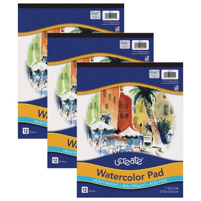 UCreate Watercolor Pad, 90 lb., 11" x 14", 12 Sheets, Pack of 3