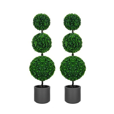 3' Artificial Triple Ball Topiary Trees with Gray Planter Pot, Set of 2