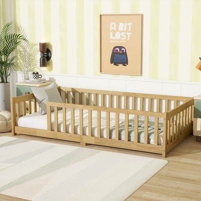 Lycvki Twin Size Floor Bed with Fence without Door, Rubber Wood Floor Bed with Safety Guardrails
