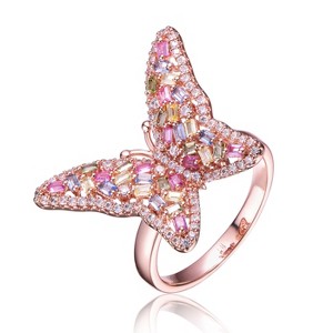Guili Rose Gold-Plated Multi-Color CZ Butterfly Ring, a vibrant nature-inspired piece radiating delicate beauty. Available in Sizes 6, 7, and 8. - 1 of 3