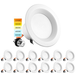 Luxrite 4 Inch LED Recessed Can Lights, 10W=60W, 5CCT 2700K-5000K, Dimmable, 750LM, Energy Star, Wet Rated, Baffle Trim 12 Pack - 1 of 4