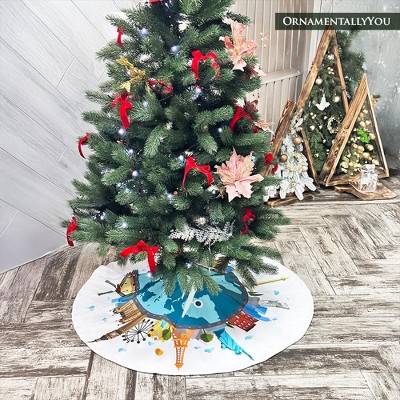 Multicolored World Landmark Christmas Tree Skirt, 48 Inches