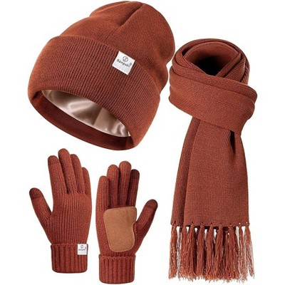 SENPUKI Womens Satin Lined Beanie Scarf Gloves Set, Silk Lined Winter Hats Knit Scarf Touchscreen Gloves, 3 Fashionable Warm Gift Set