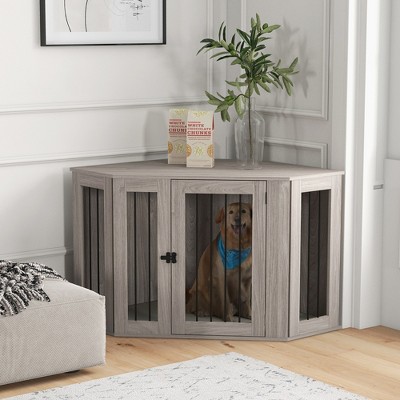 Large Gray Wood Corner Dog Crate Table with Cushion