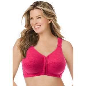Comfort Choice Women's Plus Size Front Close Wireless Posture Bra - 54 DDD, Pink Burst Lace - 1 of 4