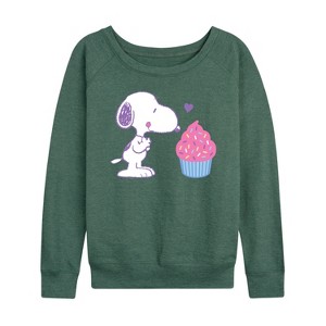 Women's - Peanuts - Snoopy Heart Cupcake Lightweight French Terry Wide Neck Long Sleeve Shirt - 1 of 4