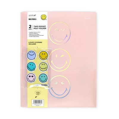 Yoobi SmileyWorld Poly Prong 2 Pocket Folder Blush Smiley with Stickers