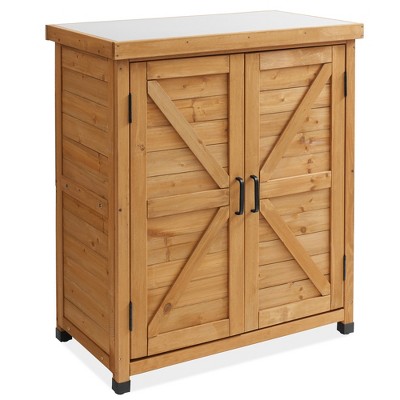 Natural Wooden Outdoor Storage Cabinet with Metal Tabletop