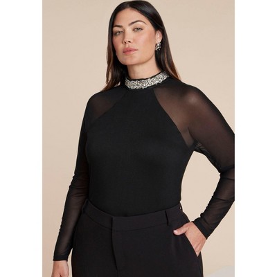 ELOQUII Embellished Top With Sheer Sleeves