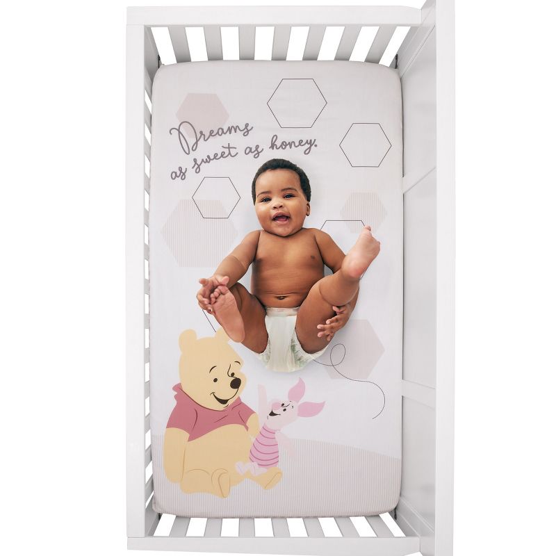 Disney Winnie the Pooh Hugs and Honeycombs Grey and White "Dreams as Sweet as Honey" with Hexagons and Piglet 100% Cotton Photo Op Fitted Crib Sheet, 5 of 7