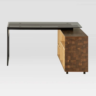Elegant Rustic Oak L-Shaped Desk with Glass Top & Storage
