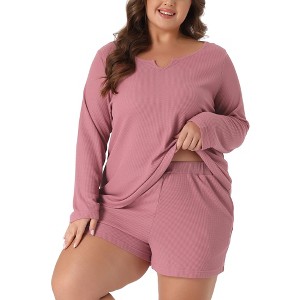 Agnes Orinda Women's Plus Size Waffle Solid Color Long Sleeve Comfortable 2 Pieces Pajama Sets - 1 of 4