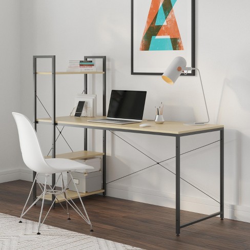 Bestier Computer Office Desk with Steel Frame, Reversible Book Shelves,  Headphone Hook, Adjustable Feet, & Under Desk Storage, Oak