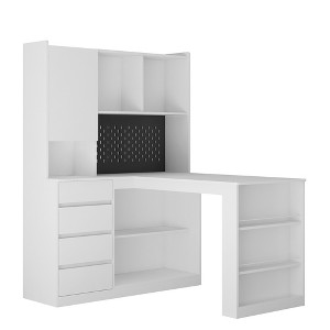 Vynxaria White L-Shaped Corner Desk with Charging Station (2 USB, 3 Outlets) 2-in-1 Desk and Storage Cabinet, Large Workspace - 1 of 4