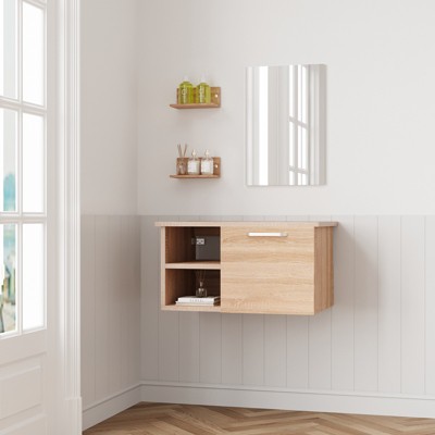 28 in. W x 18.5 in. D x 16 in. H Bath Vanity Cabinet with Solid Surface Vanity Top with Mirror in Natural Wood