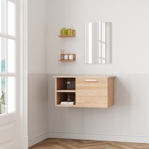 28 in. W x 18.5 in. D x 16 in. H Bath Vanity Cabinet with Solid Surface Vanity Top with Mirror in Natural Wood - 1 of 4