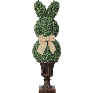 38" Artificial Rabbit Topiary, UV Resistant Faux Plant w/ Beige Bow, Green Decorative Animal Topiary for Indoor Outdoor Porch - 1 of 4