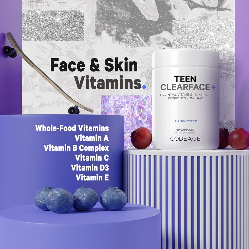 Codeage Teen Clearface Vitamins - All Skin Type Multivitamins, Minerals, Probiotics Supplement for Boys & Girls Ages 12-18 - 60ct, 4 of 10