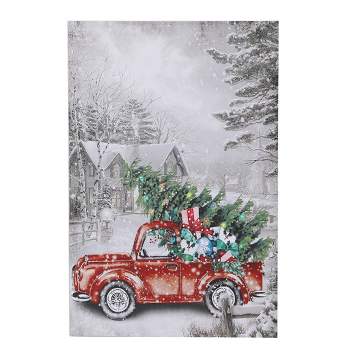 LuxenHome Holiday Christmas Vintage Truck Canvas Print with Lights Red