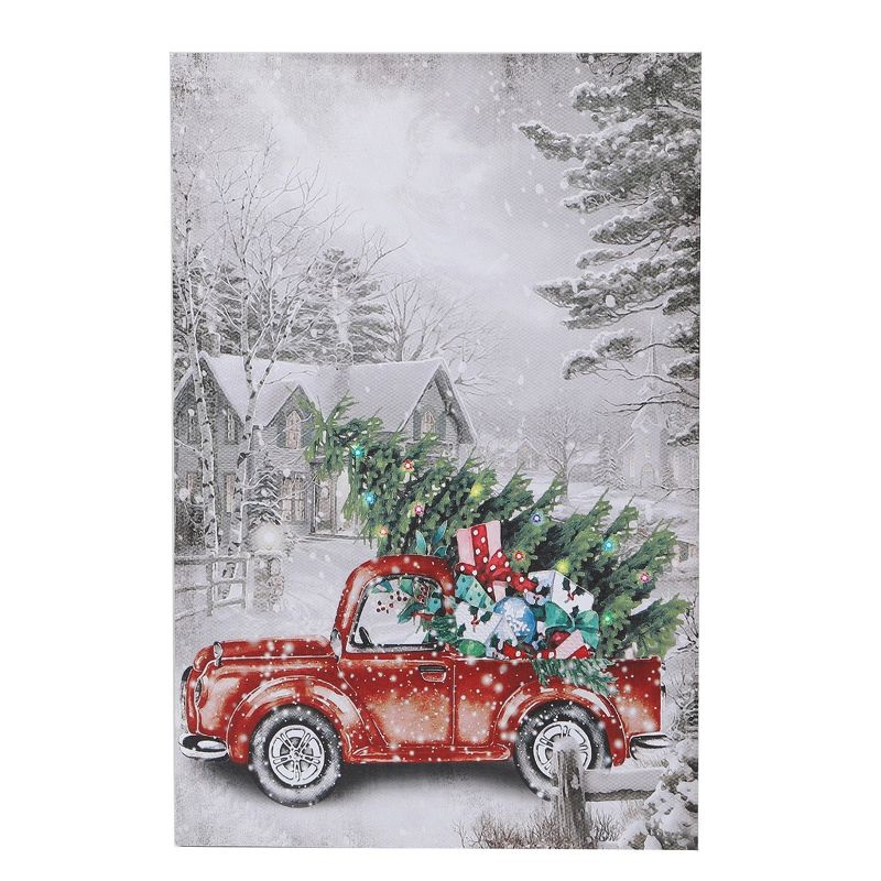 LuxenHome Holiday Christmas Vintage Truck Canvas Print with Lights Red, 1 of 5