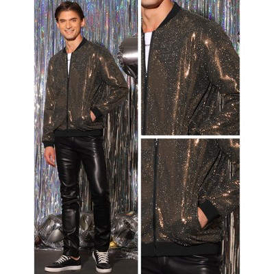 Lars Amadeus Men's Zip Up Long Sleeves Disco Sparkle Sequin Bomber Jacket