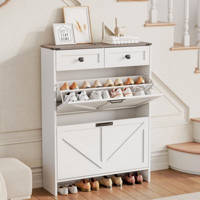 Coolmee Shoe Storage Cabinet, Narrow Shoe Racks with 2 Flip Drawers and 2 Drawers, Freestanding Shoe Organizer for Hallway, Foyer, Entryway