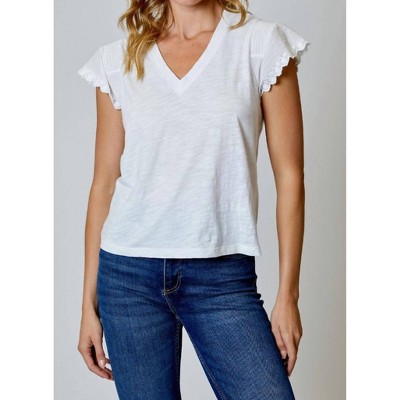 Women's V Neck T-shirt With Embroidery Detail - DESIGN HISTORY M