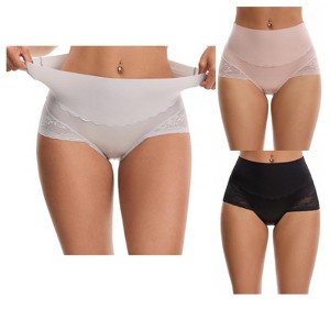 INSPIRE CHIC Women's Hi-Cut Satin High Waisted Lace Trimmed Tummy Control Underpants Briefs 3 Packs - 1 of 4