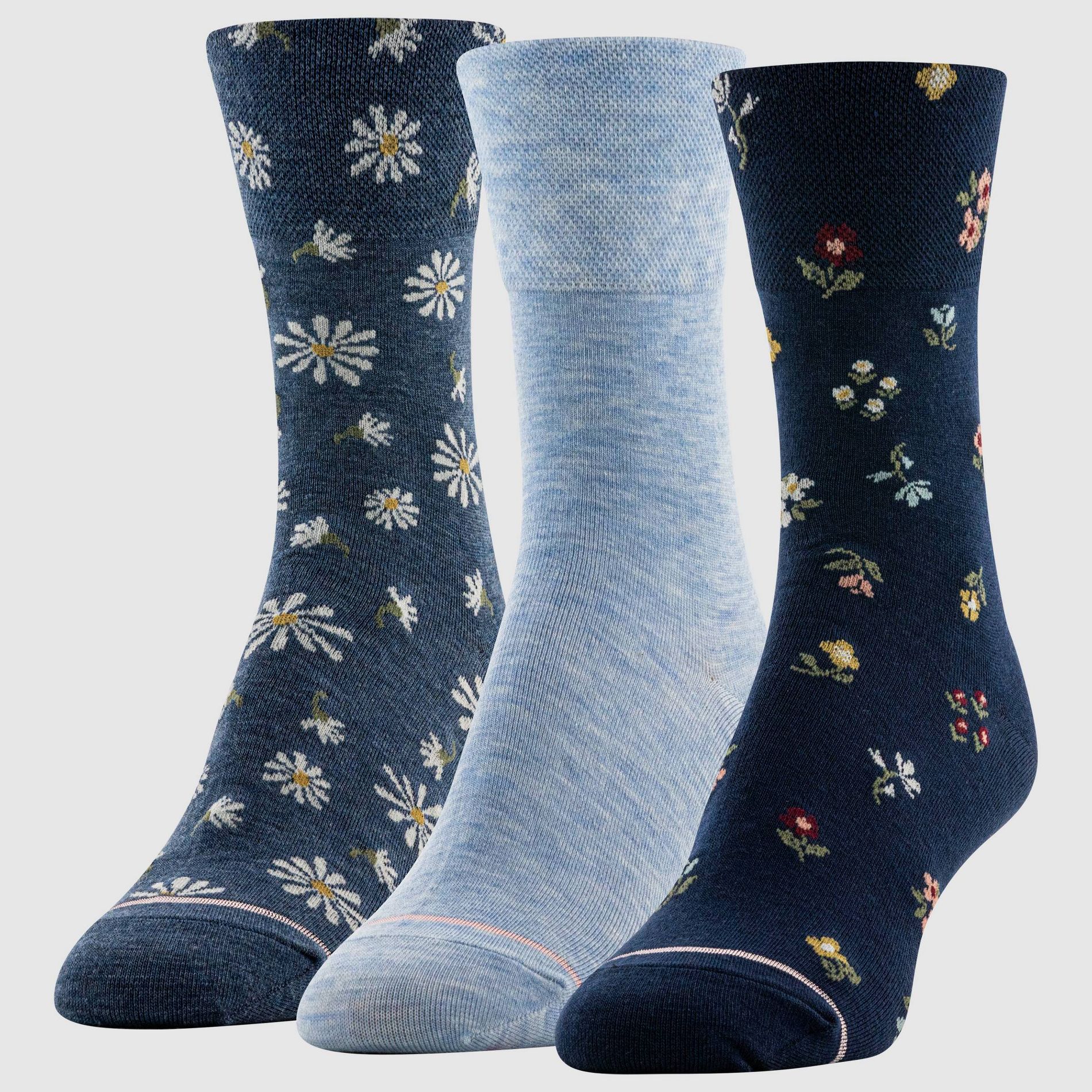 Goldtoe Signature Collection Women's 3pk Fresh Care Ditsy Floral Mid Crew Socks - Navy/Chambray/Denim 6-9
