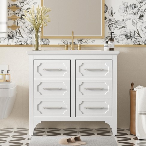 36" Freestanding Bathroom Vanity With Resin Sink and 4 Drawers, White 4W - ModernLuxe - image 1 of 4