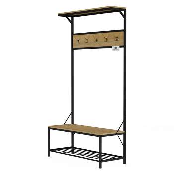 Hasting Home Entryway Bench with Coat Rack – Metal Hall Tree with Seat, Hooks, and Shoe Storage