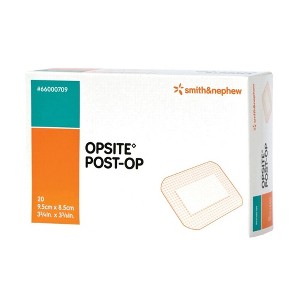 Smith & Nephew Opsite Post-Op Transparent Waterproof Dressing with Highly Absorbent Pad 3-3/4" x 3-3/8" – Low Adherence, Latex-Free, Box of 20 - 1 of 2