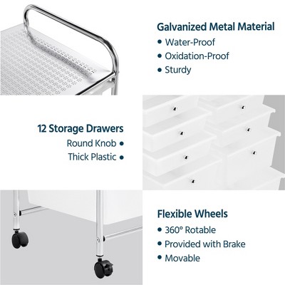 Yaheetech 12-Drawer White and Steel Rolling Storage Cart