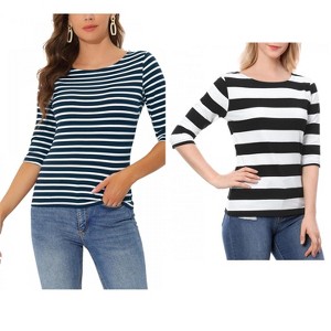 Allegra K Women's Casual Basic Elbow Sleeves Boat Neck Slim Fit T-Shirts 2 Packs - 1 of 4