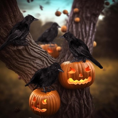 Joyfy 6 Pcs Black Crows Halloween Party Favors, Fake Bird Props for Haunted House Cemetery Yard Table, Tree Wall Window Indoor Outdoor Decor Supplies