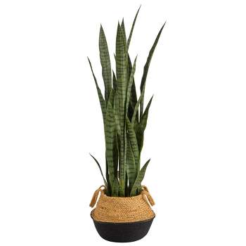 Nearly Natural 46-in Sansevieria Artificial Plant in Boho Chic Handmade Cotton & Jute White Woven Planter