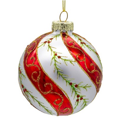 Kurt Adler 80mm Glass Red And White Holly Leaves 6-piece Ball Ornament 