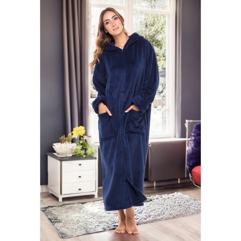 Women's Zip Up Fleece Robe with Hood, Soft Warm Plush Oversized Zipper Hooded Bathrobe, 2 of 6