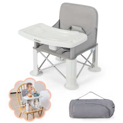 Safstar Baby Travel Booster Seat, Portable Folding Toddler Floor Dining Chair with Removable Swivel Double Tray, 3-Point Safety Belt, Carry Bag