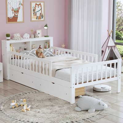 JUJABU Twin Size Bed with Headboard Storage Rack, 2 Under-Bed Drawers & 3-Side Safety Guardrails
