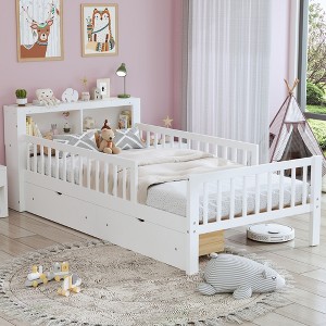 JUJABU Twin Size Bed with Headboard Storage Rack, 2 Under-Bed Drawers & 3-Side Safety Guardrails - 1 of 4