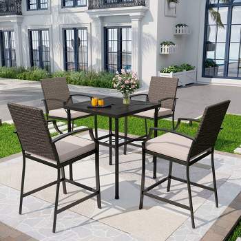 5pc Outdoor Bar Set with Cushions & Square Metal Table with Umbrella Hole - Captiva Designs