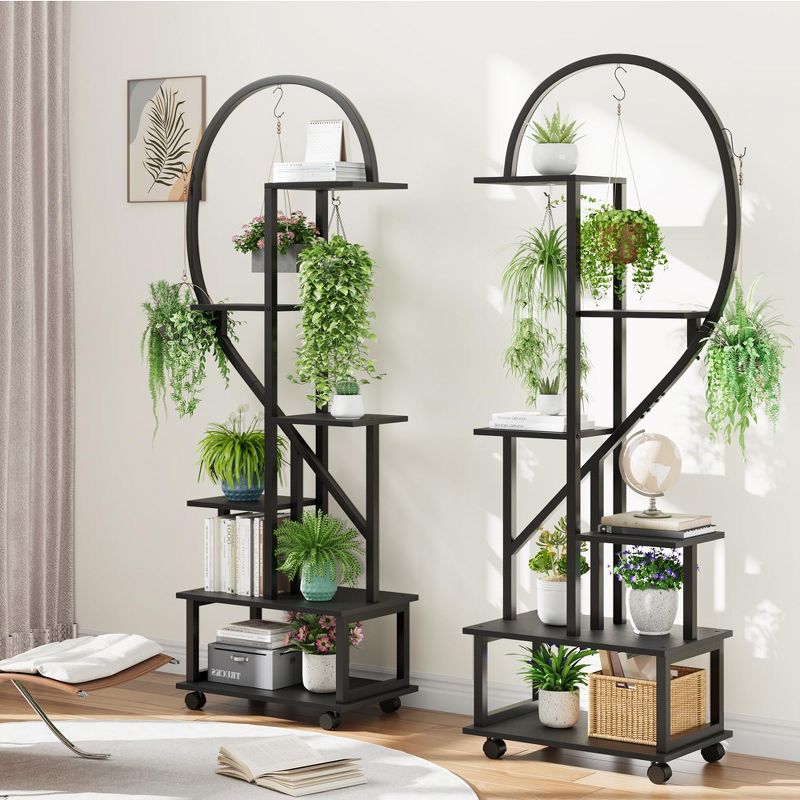 Set of 2 Metal 6-Tier Tall Plant Stands with Detachable Wheels and Drawers, Half Heart Shape Design for Indoor/Outdoor Home, Garden, Patio, Balcony, 2 of 8